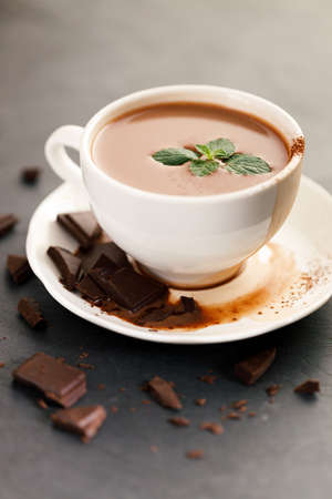 Hot chocolate in white cup with chocolate pieces and mint leaves on dark background.の写真素材