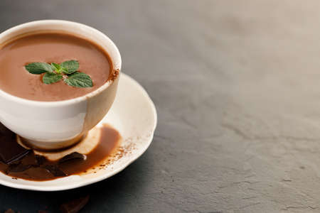 Hot chocolate in white cup with chocolate pieces and mint leaves on dark background.の写真素材