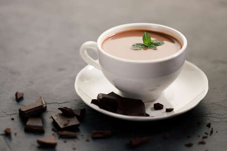 Hot chocolate in white cup with chocolate pieces and mint leaves on dark background.の写真素材