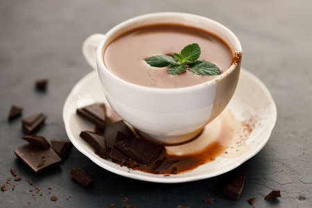 Hot chocolate in white cup with chocolate pieces and mint leaves on dark background.の写真素材