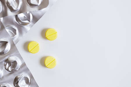 Background of pills and blisters. Healthcare, pharmacy and medicine concept.の写真素材