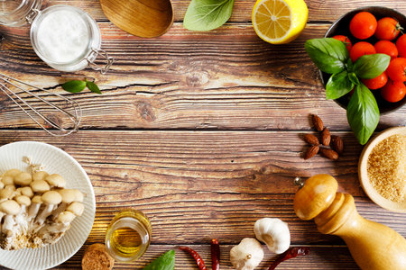 Food ingredients on the table with copy space. Top view. Food background concept.の写真素材