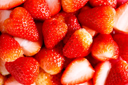 Ripe red strawberries covering background. Food background. Closeup.の写真素材