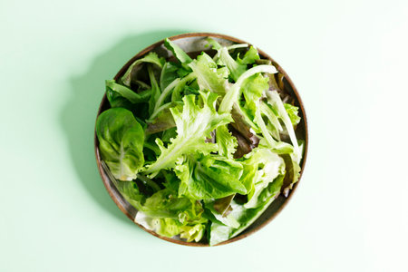 Healthy vegetable salad from mixed green leaves on green background. Closeup.の写真素材