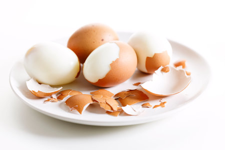 Hard boiled eggs with brown shall on white plate. Closeup.の写真素材
