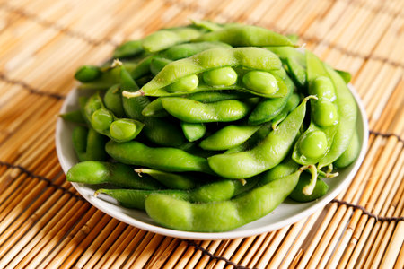 Edamama. Steamed immature soybeans in the pod. Closeupの写真素材