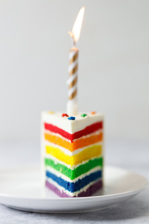 Piece of cake with rainbow colored. Closeup. Pride month concept. Rainbow love concept.