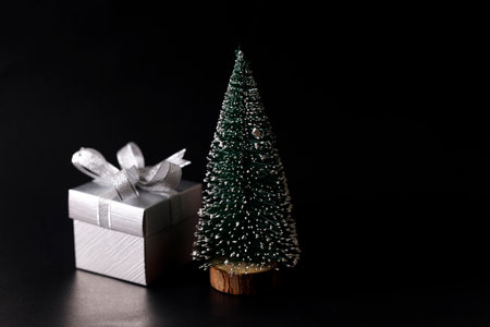 Miniature snowy Christmas tree with silver color present box decorated in bow on black background. Christmas and New year concept.の写真素材