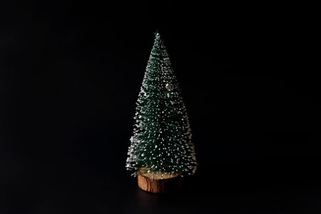 Miniature snowy Christmas tree on black background. Christmas and New year concept.の写真素材