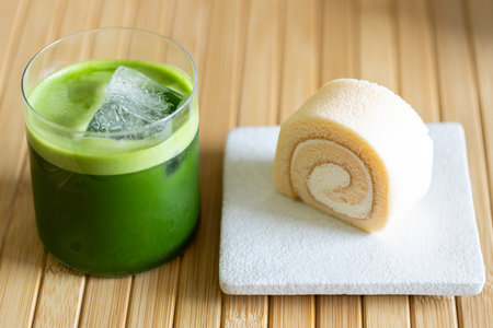 iced matcha drink with roll cake on wooden table background. Green tea drink with ice. Iced matcha...