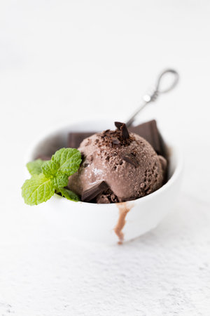 Chocolate ice cream with chocolate pieces and mint leaves in white cup. Closeup.の写真素材