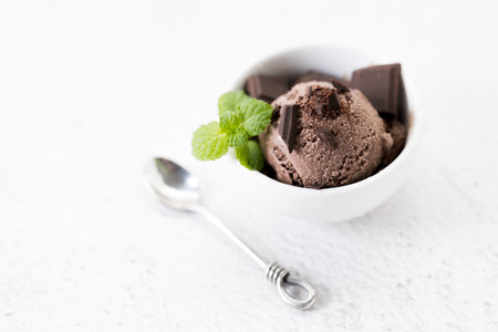 Chocolate ice cream with chocolate pieces and mint leaves in white cup. Closeup.の写真素材