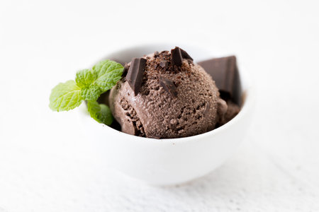 Chocolate ice cream with chocolate pieces and mint leaves in white cup. Closeup.の写真素材