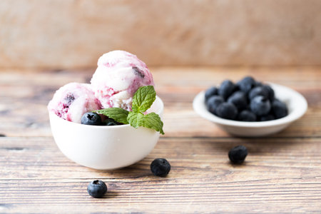 Blueberry yogurt ice cream with fresh blueberries and mint leaves in white cup. Closeup.の写真素材