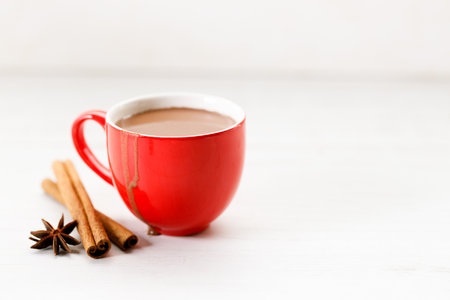 Hot chocolate in red cup with cinnamons and spices on white wooden table background.の写真素材