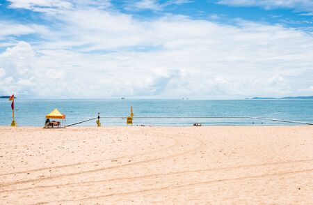 Swimming enclosure to protect from marine stingers and sharks on The Strand beach, Townsville,...