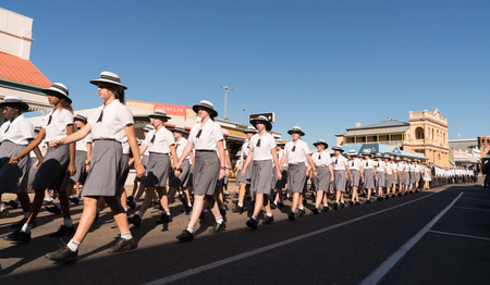Charters Towers, Australia - April 25, 2018: School children marching on Anzac Day in Charters Towers, Queensland, Australiaのeditorial素材