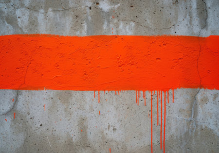 A vibrant orange stripe is painted horizontally across a rough, weathered concrete surface. Dripping paint adds texture and detail.の素材