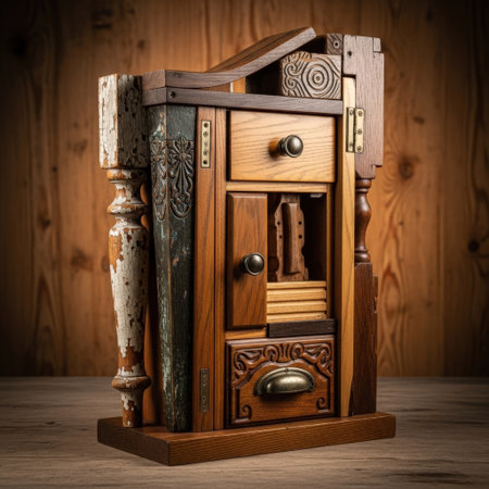 A unique, handcrafted wooden cabinet featuring various sized drawers, intricate carvings, and a rustic, antique aesthetic.の素材