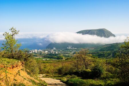 view of the Ayu-Dag mountain in clouds from the town Partenitの写真素材