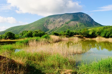 Mountain landscape with lake. Ayu-Dag mountain in Crimea.の写真素材