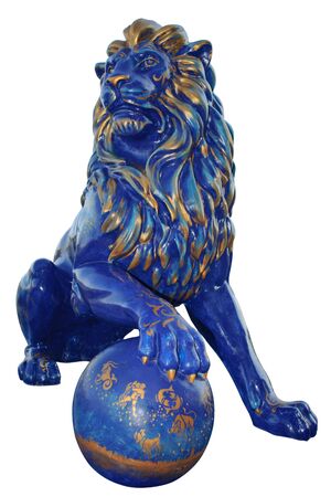 Blue lion statue. Isolated on white background の写真素材