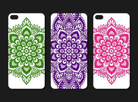 Ornate phone case design set. Indian ethnic style smartphone cover pattern.のイラスト素材