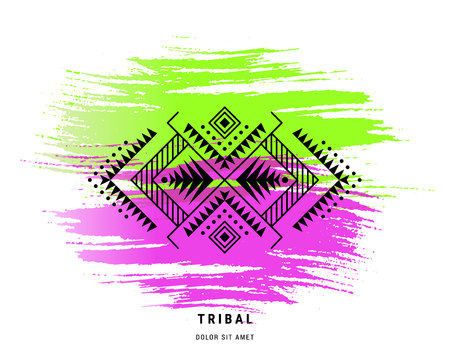 Aztec style ornament on the colorful hand paint backdrop. American indian ornamental pattern design. Tribal decorative template. Ethnic ornamentation.のイラスト素材