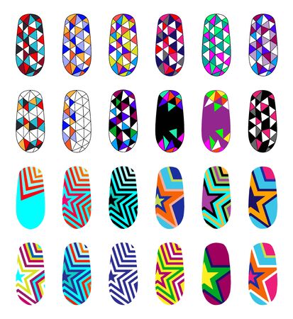 Nail art abstract colorful templates. Manicure design set. Can be used for false tips and stickers. EPS 10. Isolated on white.のイラスト素材