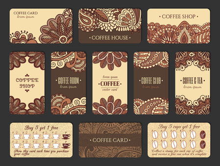 Coffee card design set in Indian style. Vertical and horizontal cards with loyalty program.のイラスト素材