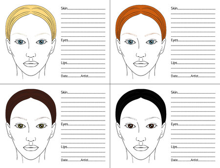 Female face chart  blank set for professional make-up artists. Different colors of hair and eyes.のイラスト素材