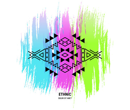 Aztec style ornament on the colorful hand paint backdrop. American indian ornamental pattern design. Tribal decorative template. Ethnic ornamentation.のイラスト素材