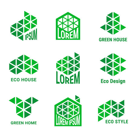 Ecological style logo design for building or construction company. Green emblems made of triangles. EPS 10 vector logotype set. Isolated.のイラスト素材