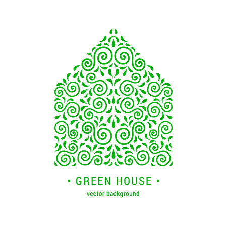 Ecology style flourish emblem. Decorative ornamental house made of green swirls and leaves. Eco design embellishment. EPS 10 vector illustration. Isolated.のイラスト素材