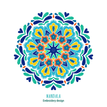 Embroidered mandala design. Needlework floral round composition. vector embroidery template.のイラスト素材