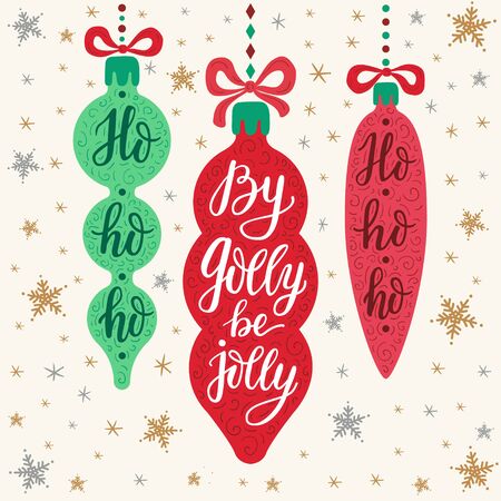 Hand-drawn lettering inscriptions By golly be jolly, ho-ho-ho on the cartoon style colorful christmas icicle toys and doodle silver gold falling snowflake background. EPS 10 vector illustration のイラスト素材