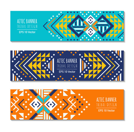 Bright colorful horizontal banner design template set with tribal aztec style ornament. Ethnic background collection. EPS 10 vector website header concept illustration. Clipping mask.のイラスト素材