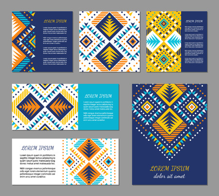 Aztec style colorful flyer set. American indian pattern design. Ornamental collection with ethnic motifs. Tribal decorative template. EPS 10 vector concept.のイラスト素材