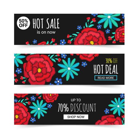 Embroidery style bright colorful horizontal fashion banner set. Floral design ornamental backgrounds. EPS 10 vector. Clipping masksのイラスト素材