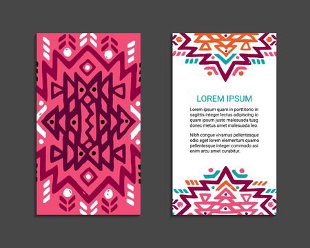 Aztec colorful hand-drawn ornamental card template. American indian leaflet design. Tribal decorative pattern. Ethnic ornate background. Vintage style flyer. EPS 10 vector brochure. のイラスト素材