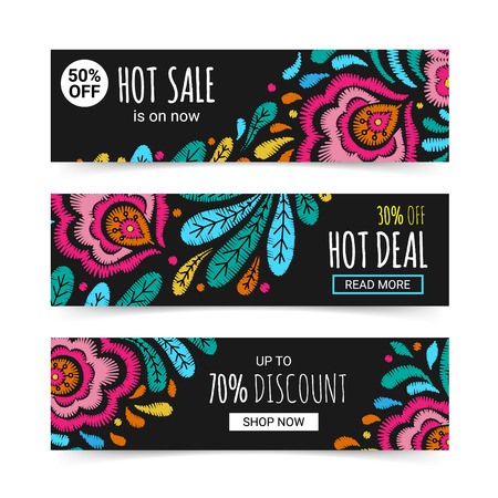 Embroidery style bright colorful horizontal fashion banner set. Floral design ornamental backgrounds. EPS 10 vector. Clipping masksのイラスト素材