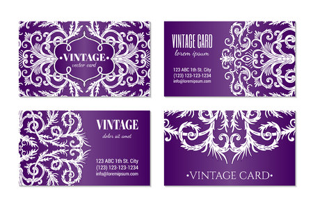 French baroque elegant ornate violet visiting cards. Luxurious fashionable ornamental flyer design. Vintage fancy ornament decoration. Pathetic retro embellishment. EPS 10 vector brochure templateのイラスト素材