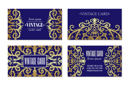 French baroque style elegant ornate visiting cards. Luxurious fashionable gold ornamental flyer design. Vintage fancy ornament decoration. Pathetic retro embellishment. EPS 10 vector brochure templateのイラスト素材