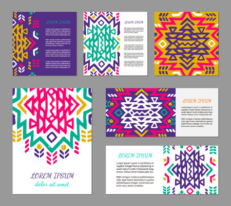 Aztec colorful hand-drawn ornamental card template. American indian leaflet design. Tribal decorative pattern. Ethnic ornate background. Vintage style flyer. EPS 10 vector brochure set.のイラスト素材