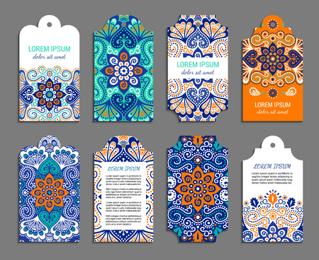 Indian badge set with bright colorful mehendi style ornament. Ethnic ornamental label. Oriental tag design concept. Eastern collection. EPS 10 vector. Clipping masks.のイラスト素材