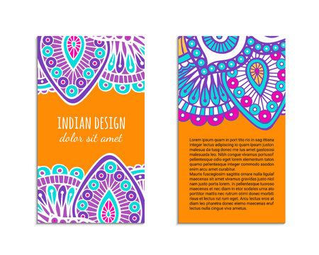 Indian style bright colorful mehendi ornament flyer. Front and back pages. Ornamental vertical blank with ethnic motifs. Paper brochure template. Oriental design concept. EPS 10 vector illustration.のイラスト素材