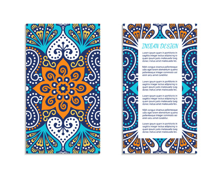 Indian style bright colorful mehendi ornament flyer. Front and back pages. Ornamental vertical blank with ethnic motifs. Paper brochure template. Oriental design concept. EPS 10 vector illustration.のイラスト素材