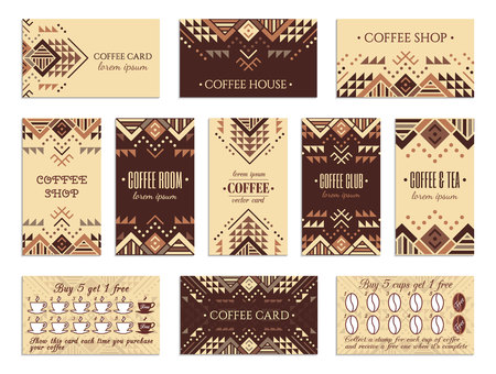 Visit card design set with loyalty program for coffee shops, tea houses and rooms in african style. Vertical, horizontal layouts. Ethnic design ornament. EPS 10 vector template collection.のイラスト素材