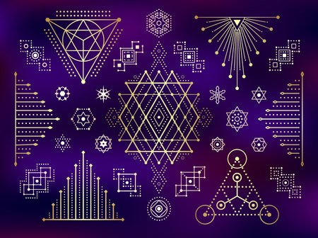 Sacred geometry style gold symbol set. Sacral geometric outline signs on gradient mesh background. Line art golden elements. EPS 10 linear design vector illustration.のイラスト素材