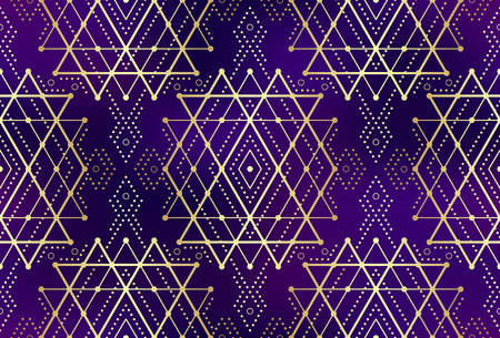 Gold violet seamless sacred geometry pattern. Golden sacral geometric pattern for fabric prints, surface textures, cloth design, wrapping. EPS10 vector gradient mesh backdrop.のイラスト素材